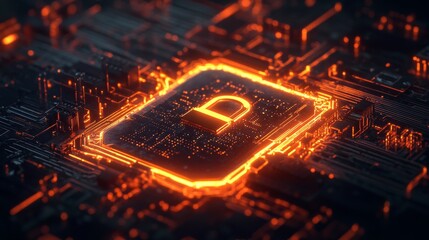 Aufkleber - Glowing padlock icon on digital microchip, symbolizing cybersecurity. Conceptual image of data protection and secure technology.