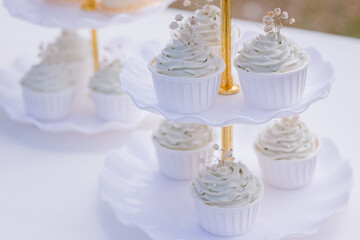 Tasty cupcake with icing sugar on a white table ready to eat. Sweet dessert.Table beautifully decorated with sweet treats and wedding cakes.