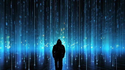 Poster - A figure stands amidst cascading electric blue binary code in a digital environment that highlights the intersection of technology and human presence during the night