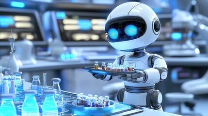 Poster - Friendly Robot in Laboratory with Colorful Containers and Tools