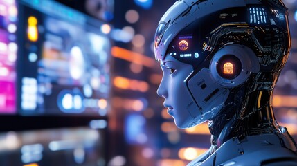 Poster - Futuristic Robot with Digital Interface in High-Tech Environment