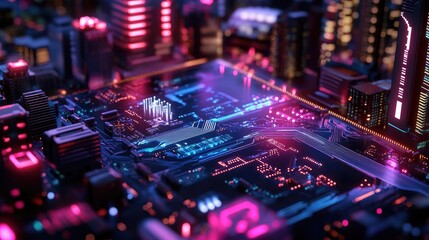Poster - Futuristic Cityscape with Circuit Board and Neon Lights Aesthetic