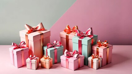 Aufkleber - A stack of colorful boxes with pink bows on them. The boxes are of different sizes and colors