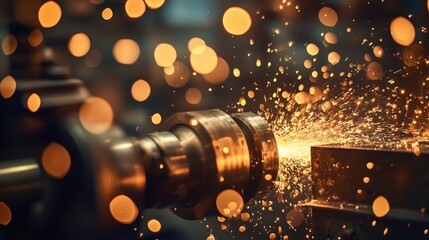 Canvas Print - Sparks flying from a metalworking machine in a workshop filled with warm bokeh lights