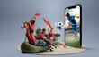 © master1305 - Virtual sports, digital experience. Excited soccer fans in red watching football match online via phone. 3D model of smartphone with soccer player kicking ball through screen. Concept of e-sports