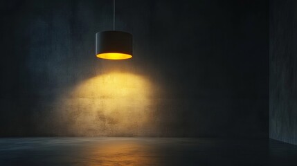 Poster - Modern black ceiling lamp casting warm light in dark minimalistic room, serene and elegant atmosphere. Interior design and lighting concept