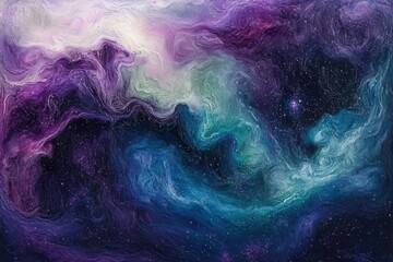 Wall Mural - ethereal cosmic nebula swirling with iridescent purples and teals, illuminated by distant starlight, creating a dreamlike celestial landscape