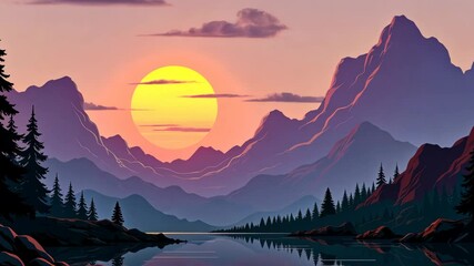 Poster - A beautiful painting of a sunset with pink clouds and a pink flower border. The sky is blue and the water is calm