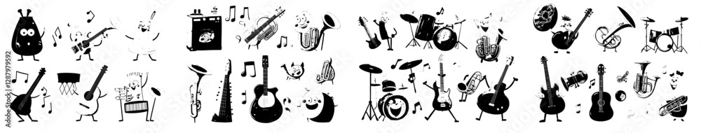 Retro cartoon characters of musical instruments, including tuba, guitar ...