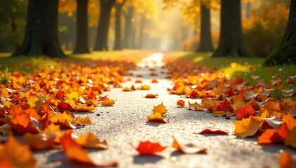 Wall Mural - A carpet of fallen leaves on a clear white path, path, autumn
