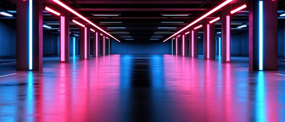 Poster - A modern, illuminated space featuring vibrant blue and pink neon lights reflected on a glossy floor, creating a futuristic atmosphere.