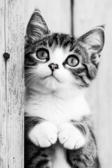 Wall Mural - A curious kitten peeks out from behind a wooden post, showcasing its striking eyes and playful demeanor in a charming black-and-white tone.