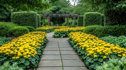 Poster - Yellow ornamental cabbages planted in a geometric pattern, surrounded by greenery, perfect landscaping