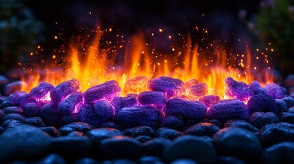 Poster - Glowing hot coals with vibrant flames in dark setting, fiery energy. Warmth and fire concept