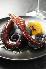 Sticker - Fried octopus with herb sauce and lemon served on grey table, closeup