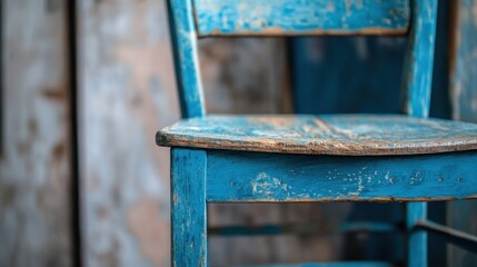 Canvas Print - Rustic and aged wooden chair with distressed blue paint, a symbol of forgotten beauty and nostalgia.