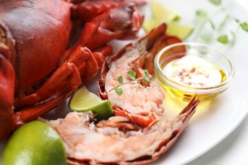 Sticker - Delicious boiled lobster served on white table, closeup