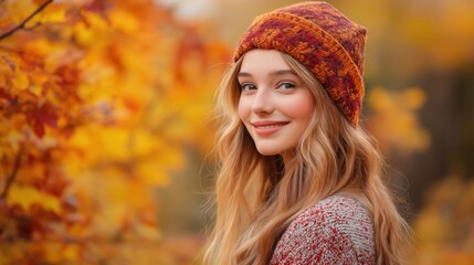 A young woman, smiling warmly, wears a reddish-orange patterned beanie and has long, wavy blonde hair. She stands outdoors surrounded by a vibrant autumnal landscape of orange and yellow leaves