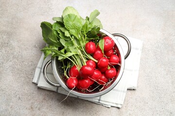 Wall Mural - Many fresh radishes on grey textured table, top view