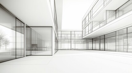 Aufkleber - Architectural Sketch of Modern Building with Large Windows and Open Space Design, creating a perspective view