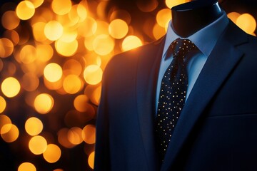 Wall Mural - Elegant professional mannequin wearing sharp blazer set against sparkling bokeh background fashion display in studio environment