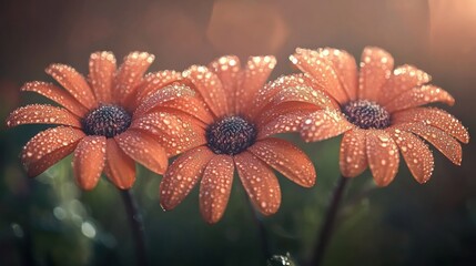 Poster - Three orange gerbera flowers with dew in soft focus, warm sunlight. Nature beauty and tranquility concept