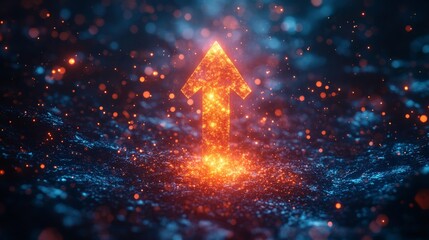 Aufkleber - Glowing orange arrow pointing up amidst blue and orange bokeh lights, symbolizing progress and direction. Futuristic digital technology and innovation concept.