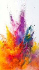Poster - Explosion of vibrant multicolored powder on white background creating a dynamic burst of colors, abstract art. Creativity and artistic expression concept
