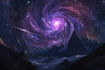 Wall Mural - majestic purple nebula with swirling star clusters, meteor streaks across dark sky, mountain silhouettes in foreground, astrophotography style