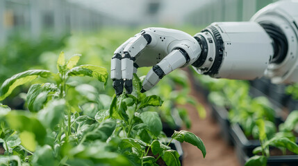 futuristic robot tending to plants in high tech greenhouse, showcasing advanced technology in agricu