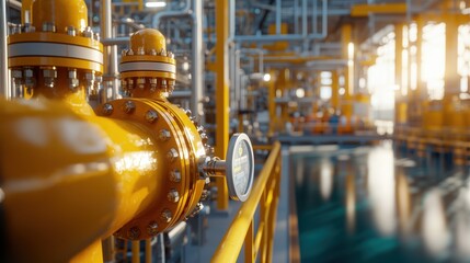 Poster - industrial energy technology: close-up of yellow valve with advanced pipeline in modern energy facil