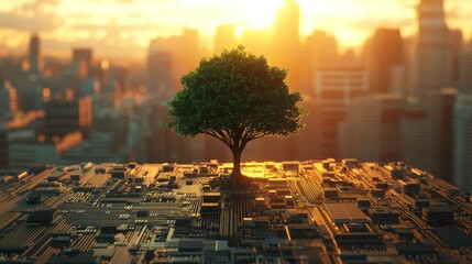 Poster - Solitary tree on a circuit board with city skyline at sunrise, blending nature and technology. Environmental sustainability and innovation concept