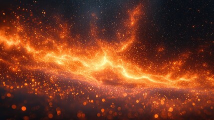 Wall Mural - Glowing fiery abstract light particles with cosmic energy and sparkling orange flames