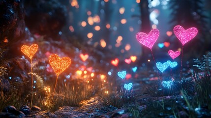 Poster - Colorful abstract lights, vibrant blue and orange hues, glowing heart shapes, perfect for romantic themes or digital art.