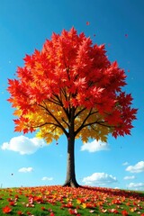 Wall Mural - Maple tree against blue sky with colorful fallen leaves, tree, sky