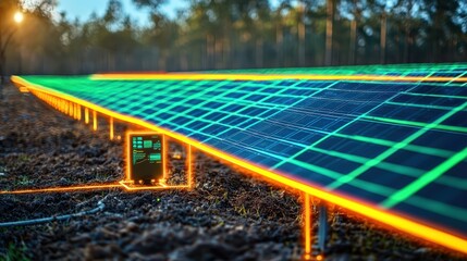 Advanced solar panel array with digital interface at sunrise in forest environment