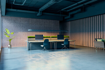 Poster - Modern empty office interior with dark loft design, featuring wooden desks, computers, and green plants, illuminated by ambient lighting. 3D Rendering
