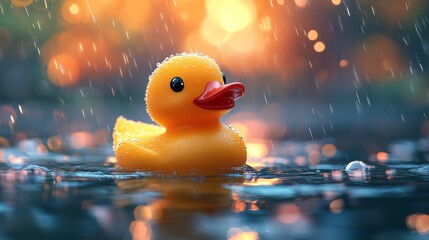Poster - Yellow rubber duck floating in water during a gentle rain shower with warm bokeh sunset background. Childhood nostalgia and playful concept