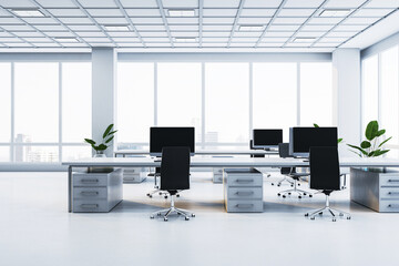 Aufkleber - modern empty office with sleek desks, black chairs, and large windows showcasing a cityscape view. 3