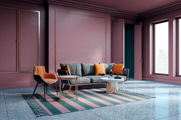 Poster - Modern waiting area with stylish sofa, armchair, and coffee tables in a sophisticated interior. Elegant design with warm lighting and decor. 3D Rendering