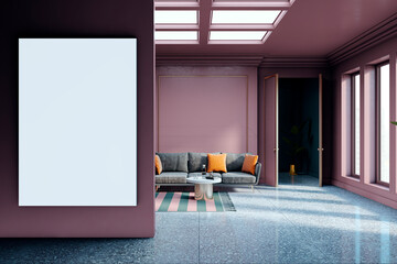 Poster - Modern lobby interior with vertical blank mockup canvas on wall. 3D Rendering