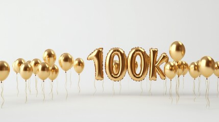 Wall Mural - Gold balloons celebrating 100k milestone on white background