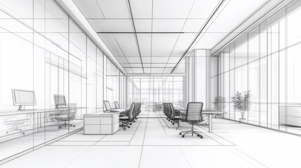 Aufkleber - Architectural sketch of a modern office space with desks chairs and glass walls
