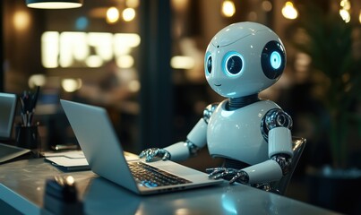 Poster - Robot working on laptop in modern office environment with warm lighting