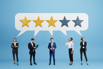 Poster - Businesspeople under a five-star rating concept on a blue background.