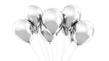 Wall Mural - Shiny silver balloons cluster on white background celebratory decor