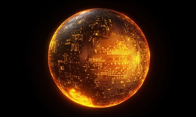 Poster - Glowing digital sphere with intricate circuit patterns and vibrant orange glow