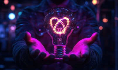 Poster - Illuminated light bulb with glowing heart symbol held in hands against dark background