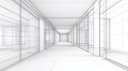 Aufkleber - Architectural Wireframe Rendering of Modern Hallway with Detailed Lines and Perspective