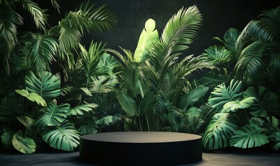 Poster - Lush green tropical foliage surrounding a circular stage in a dimly lit environment